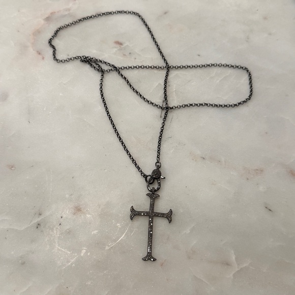 Pavé Diamond & Gunmetal Cross Necklace - Picture 12 of 12